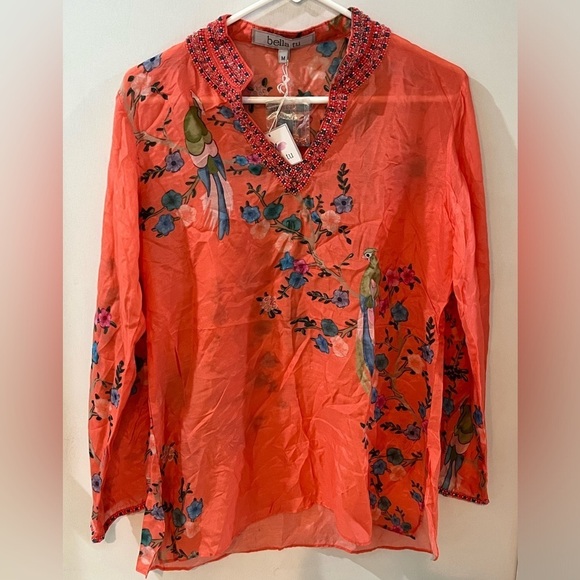 Bella Tu Tops - Bella Tu Avery Beaded Floral Pheasant Bird Blouse, size medium, New!